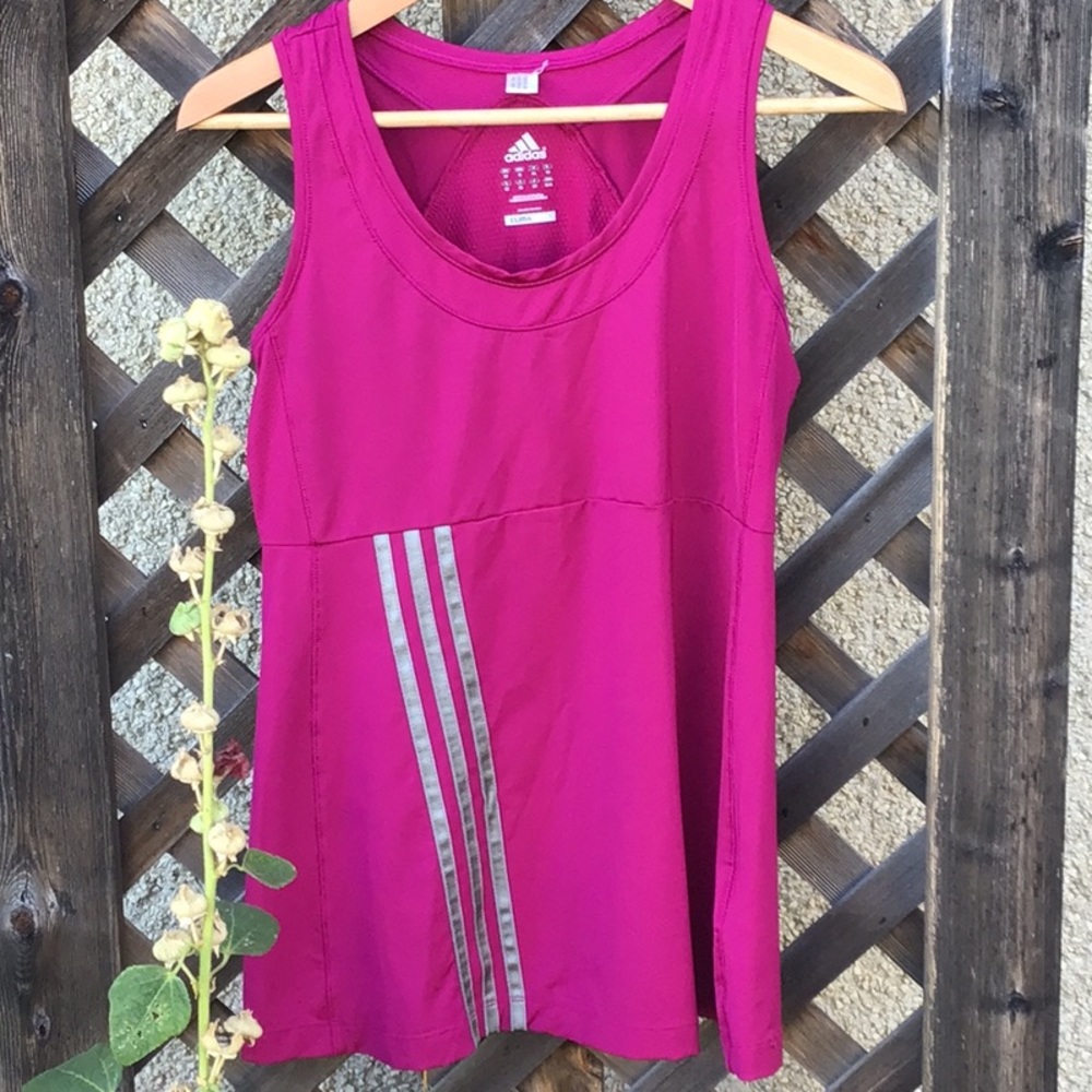 Adidas ClimaCool pink athletic tank, silver stripes on front, mesh on back